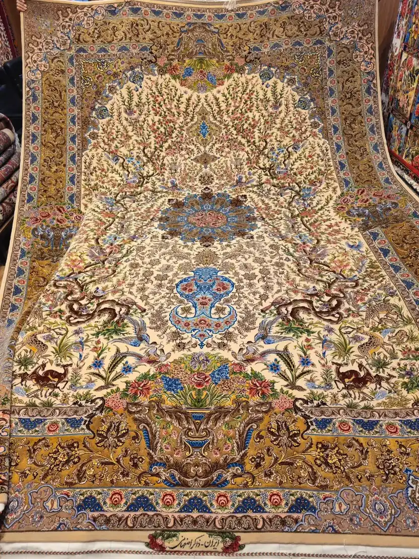 Isfahan garden carpet PRR-HM-005 with ivory field flowering trees birds animals and ornamental border