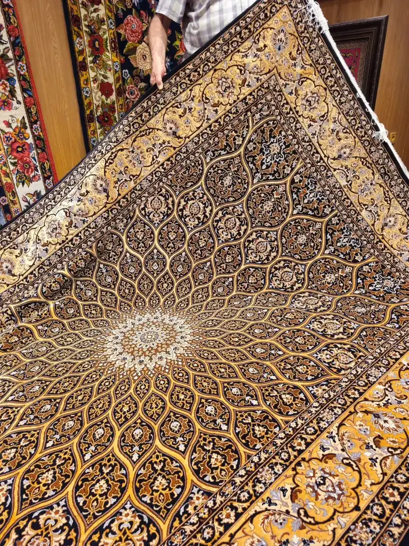 Additional perspective of dark and gold Isfahan wool and silk carpet PRR-HM-006