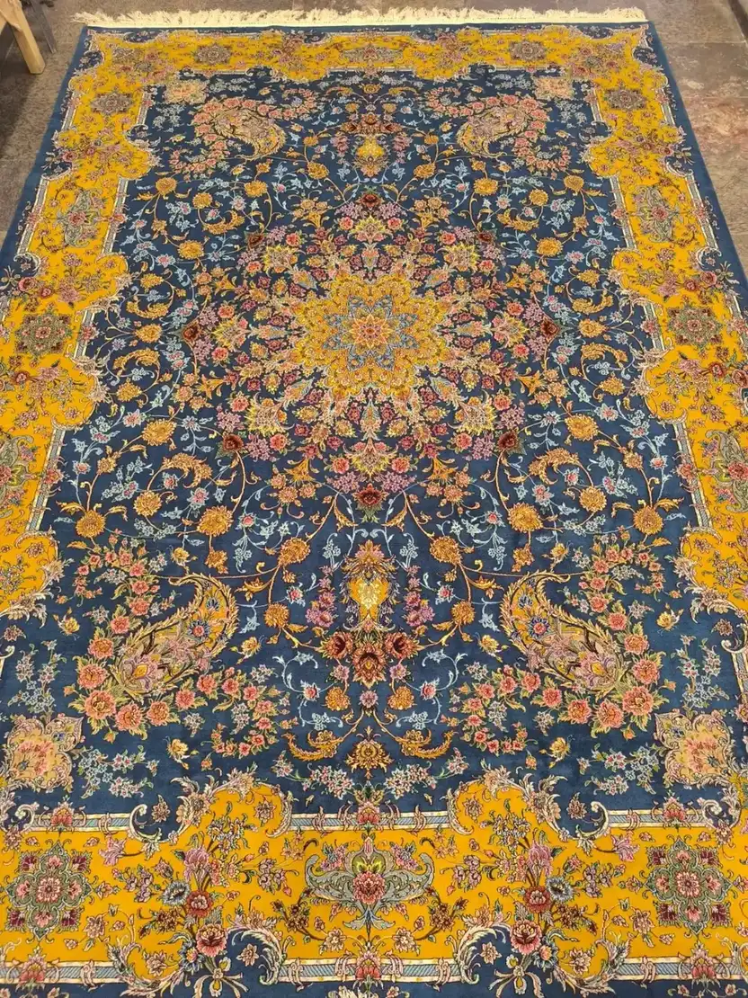 Kerman carpet PRR-HM-011 with blue field gold floral medallion and yellow border