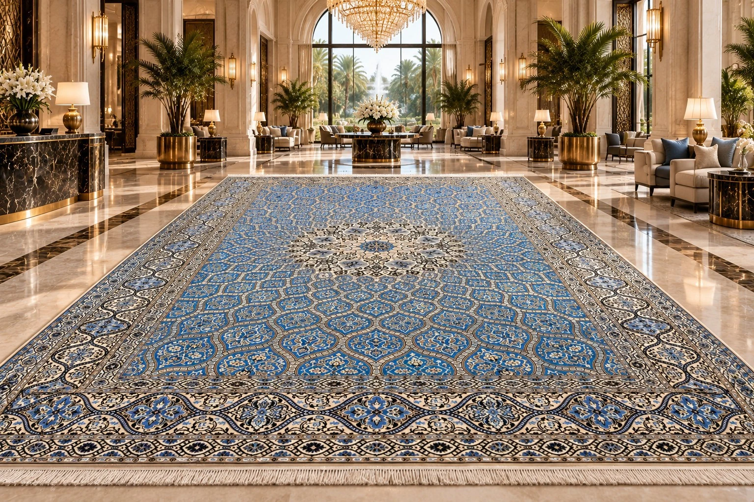 Blue medallion Persian carpet in a grand luxury lobby