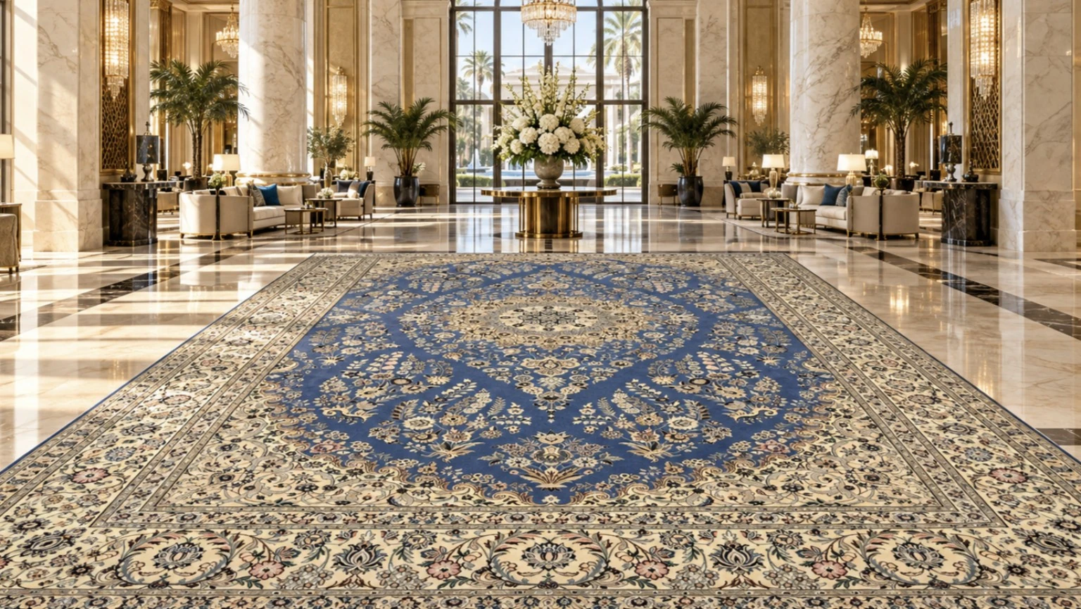 Blue floral Persian carpet in an elegant hotel lobby
