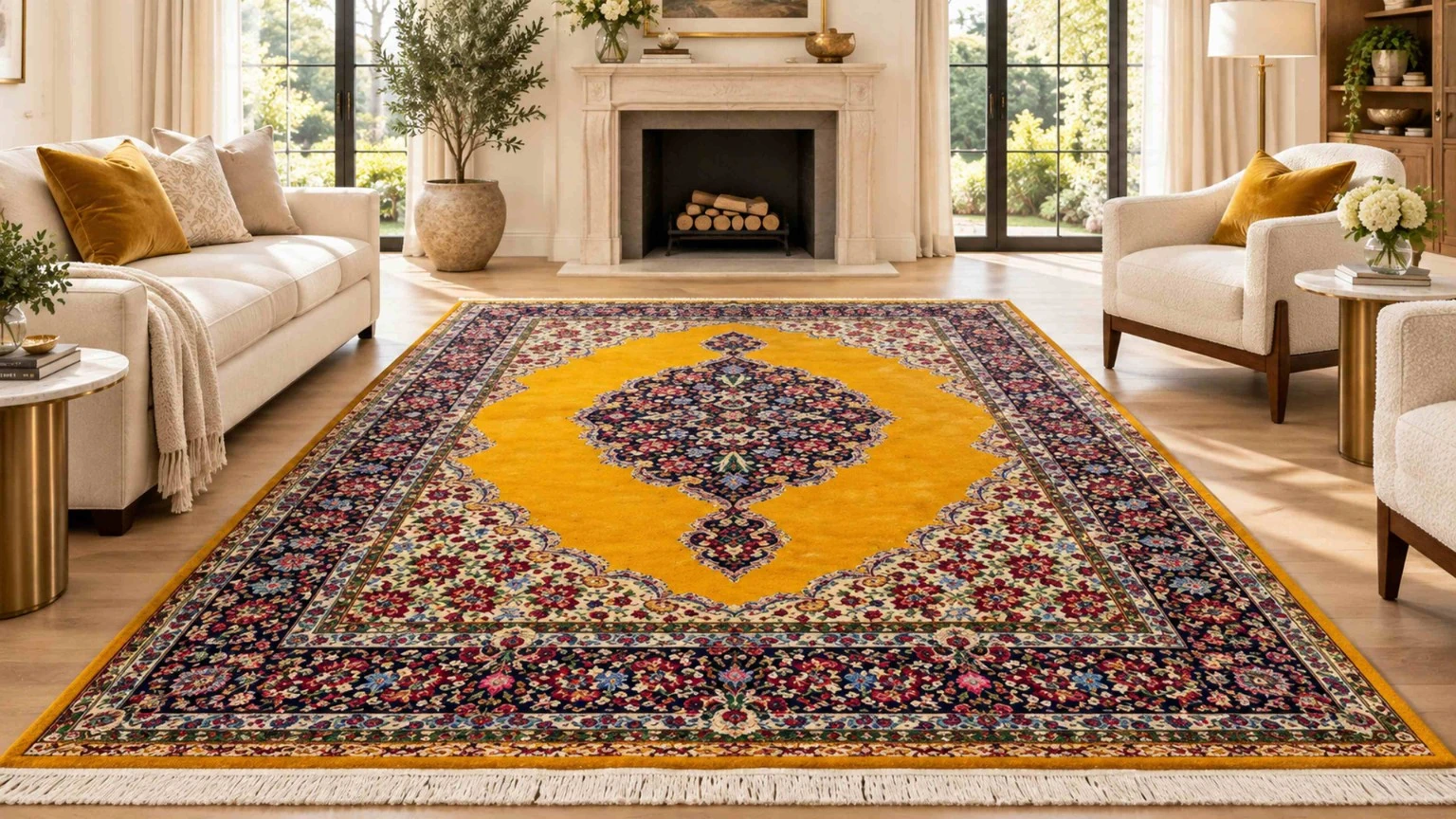 Golden yellow medallion Persian carpet in an elegant living room