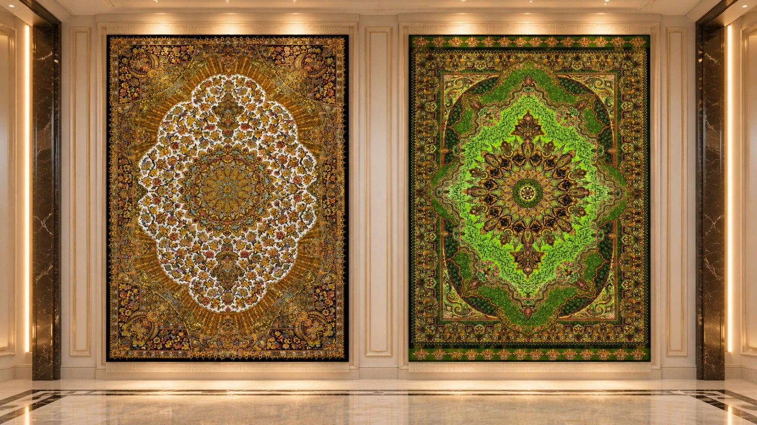 Fine Persian carpets displayed as decorative wall art