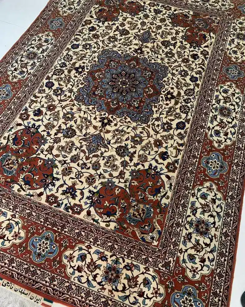 Persian Wool & Silk Carpet from Isfahan — Ivory Floral Medallion with Red Palmettes, PRR-IS-012