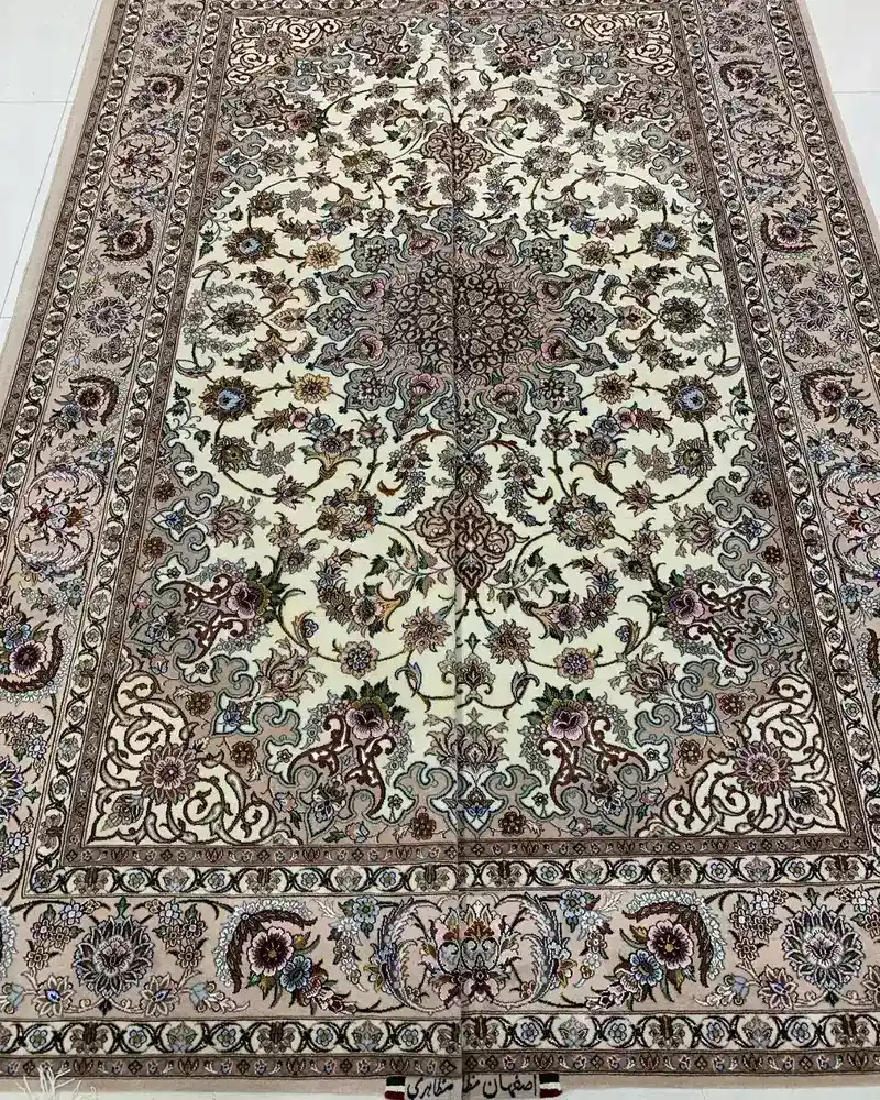 Persian Wool & Silk Carpet from Isfahan — Ivory Silver Floral Medallion, PRR-IS-019