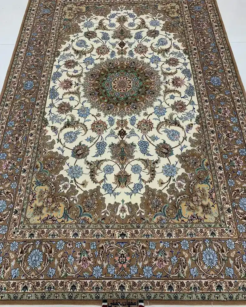 Persian Wool & Silk Rug from Isfahan — Ivory Turquoise Floral Medallion, PRR-IS-020