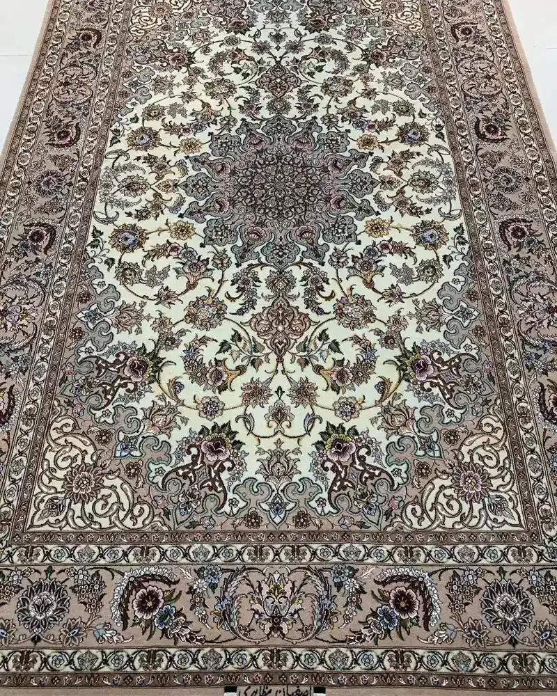 Handmade Persian Wool & Silk Carpet from Isfahan — Cream Silver Floral Medallion, PRR-IS-022