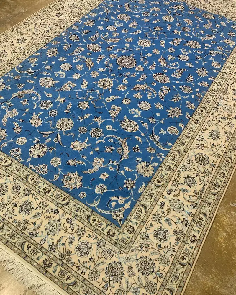 Isfahan Persian Handmade Carpet — Royal Blue Afshan Allover Floral — 213 × 340 cm — angle view