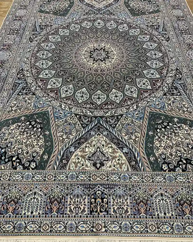 Handmade Persian Wool & Silk Carpet from Isfahan — Midnight Emerald Gonbad Radial Medallion, PRR-IS-051