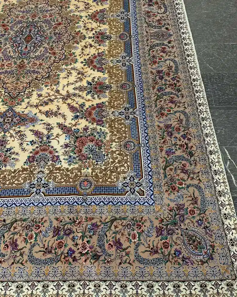 Isfahan Persian Handmade Carpet — Golden Ivory Bouquet Floral Medallion — 250 × 350 cm — angle view