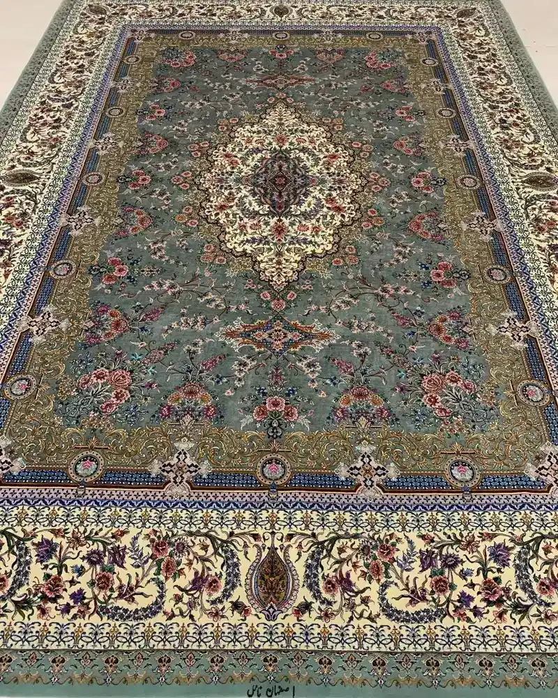 Isfahan Persian Wool & Silk Carpet — Silver Sage Grand Floral Medallion, PRR-IS-056