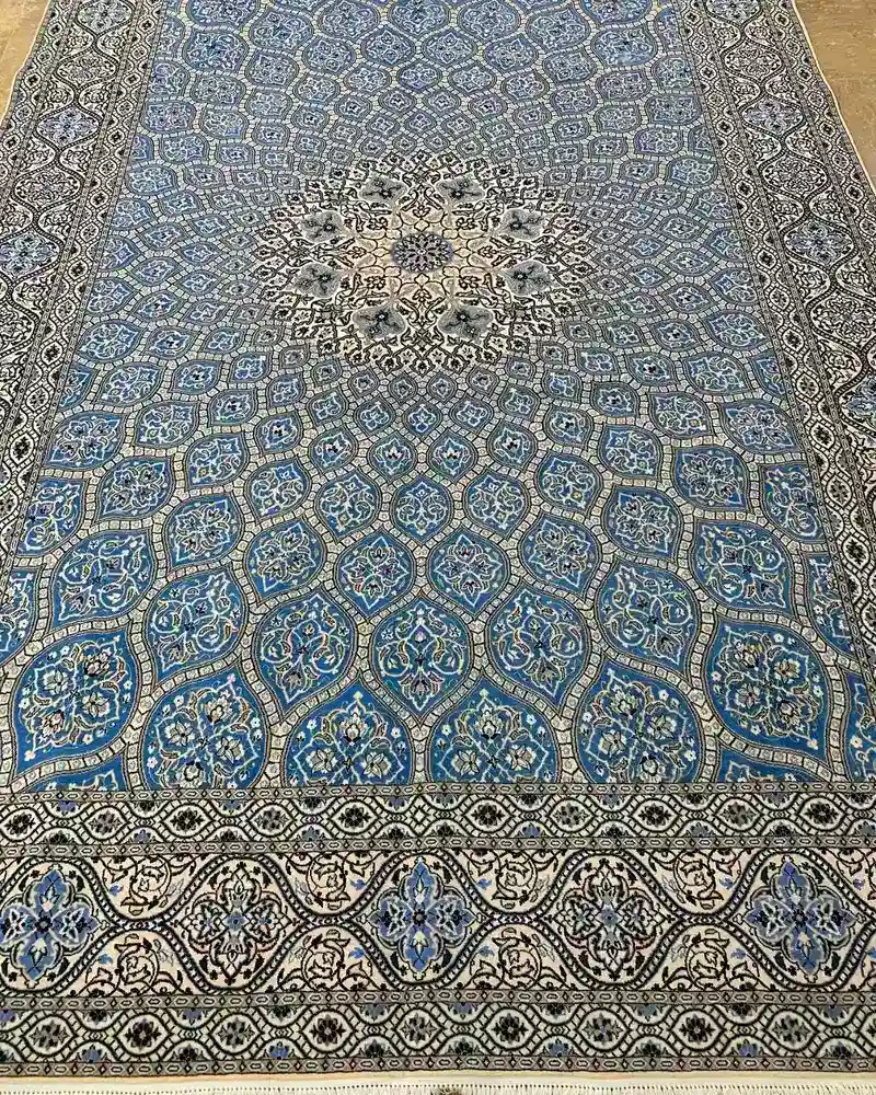 Handmade Persian Wool & Silk Carpet from Isfahan — Azure Gonbad Radial Medallion, PRR-IS-057