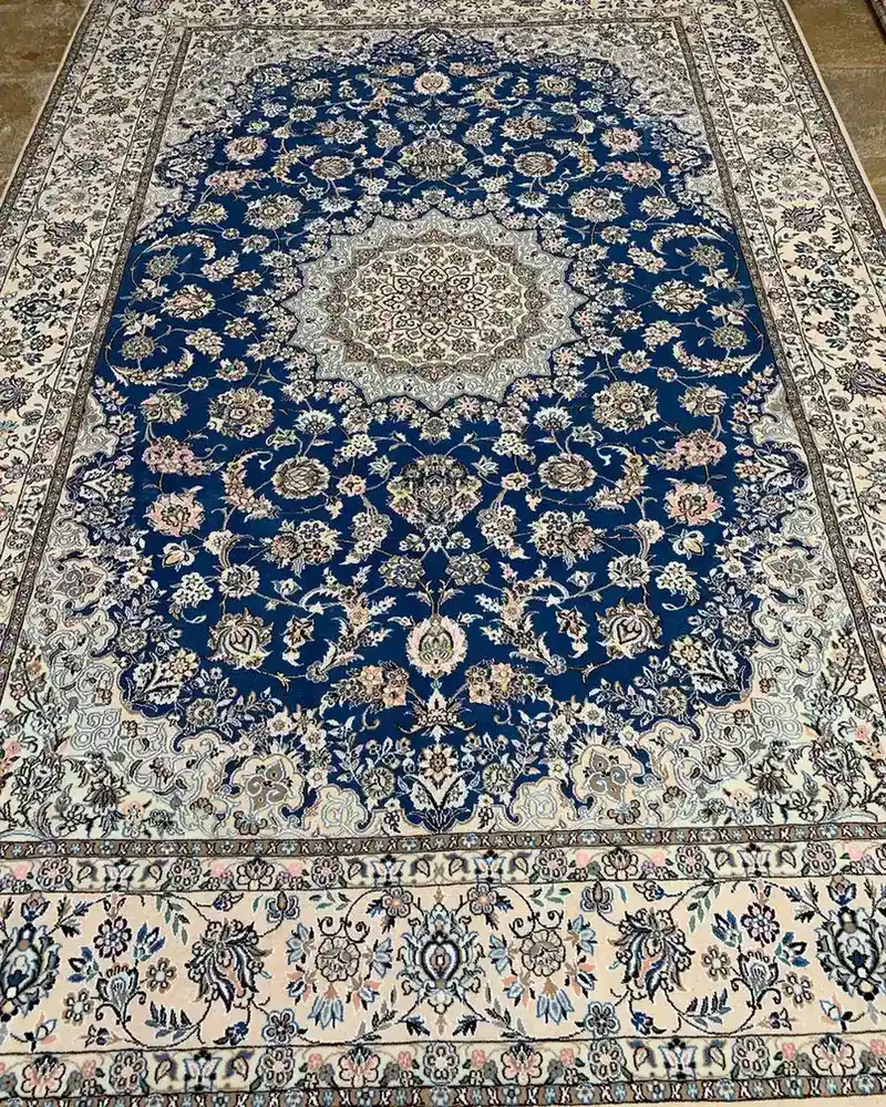 Isfahan Persian Wool & Silk Rug — Midnight Navy Ivory Rosette Medallion, PRR-IS-065