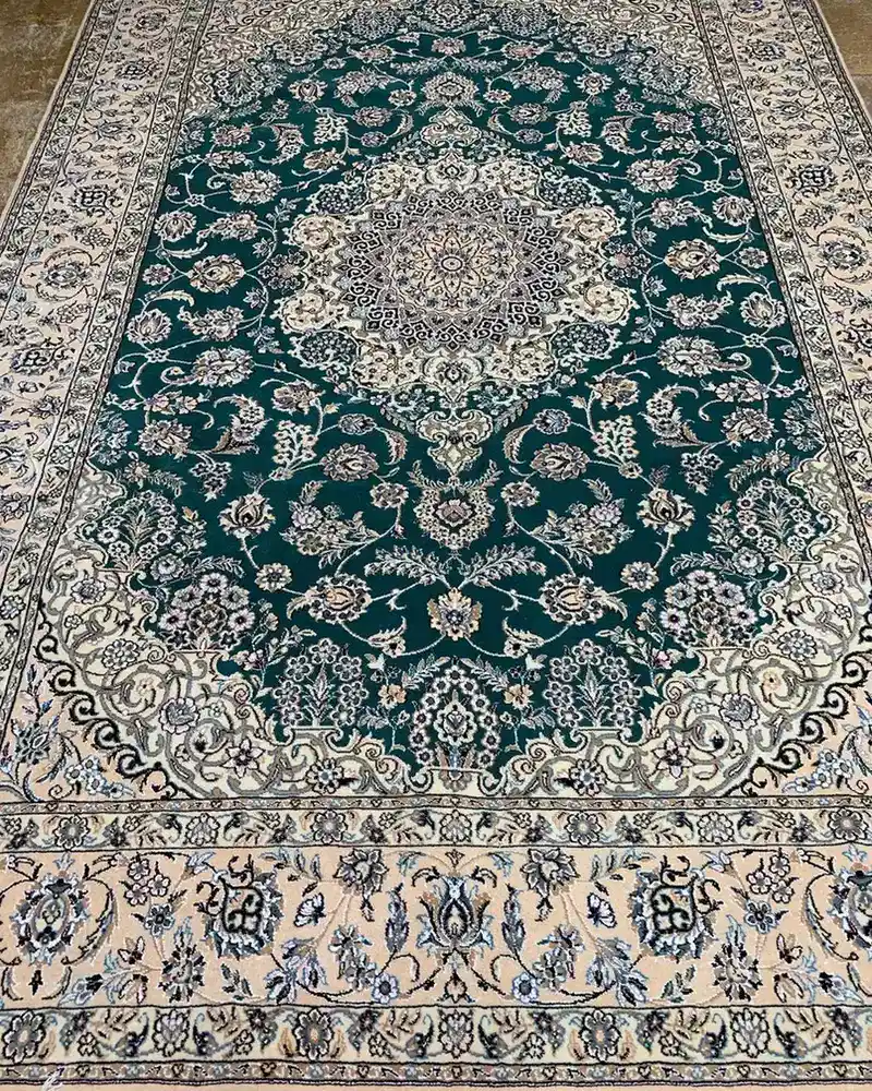 Persian Wool & Silk Rug from Isfahan — Emerald Green Floral Rosette Medallion, PRR-IS-069