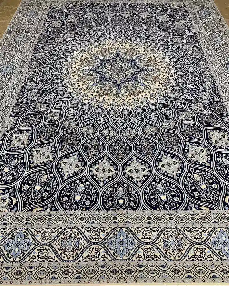 Handmade Persian Wool & Silk Carpet from Isfahan — Navy Gonbad Radiant Medallion, PRR-IS-071