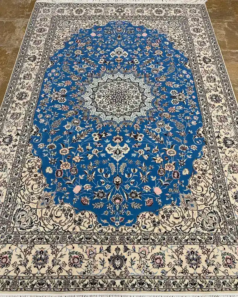 Persian Wool & Silk Rug from Isfahan — Azure Blue Floral Medallion Ghalicheh, PRR-IS-083