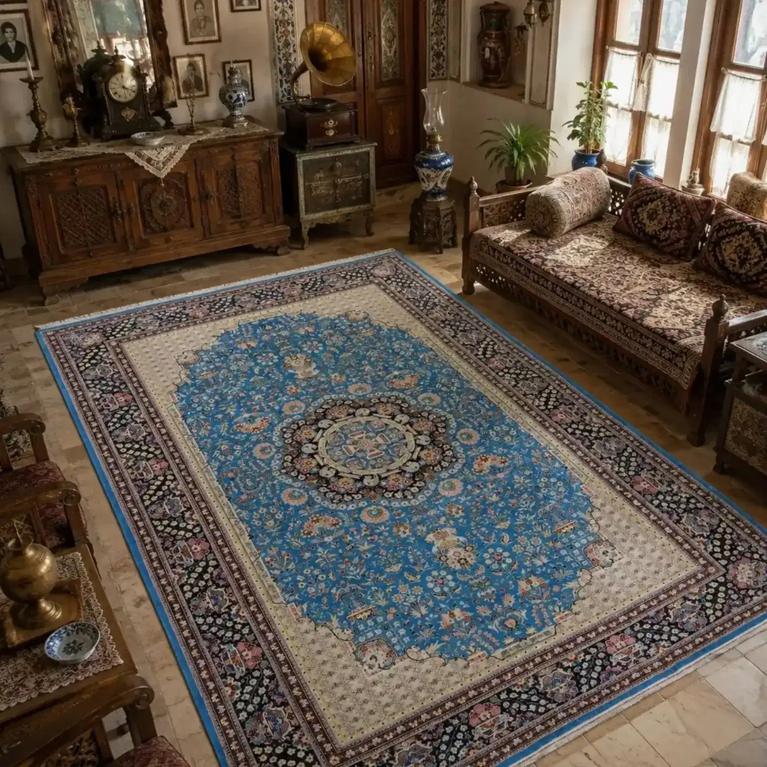 Tapis persan fait main en laine et soie de Kashan — Médaillon Paradis — PRR-KH-CH1-001