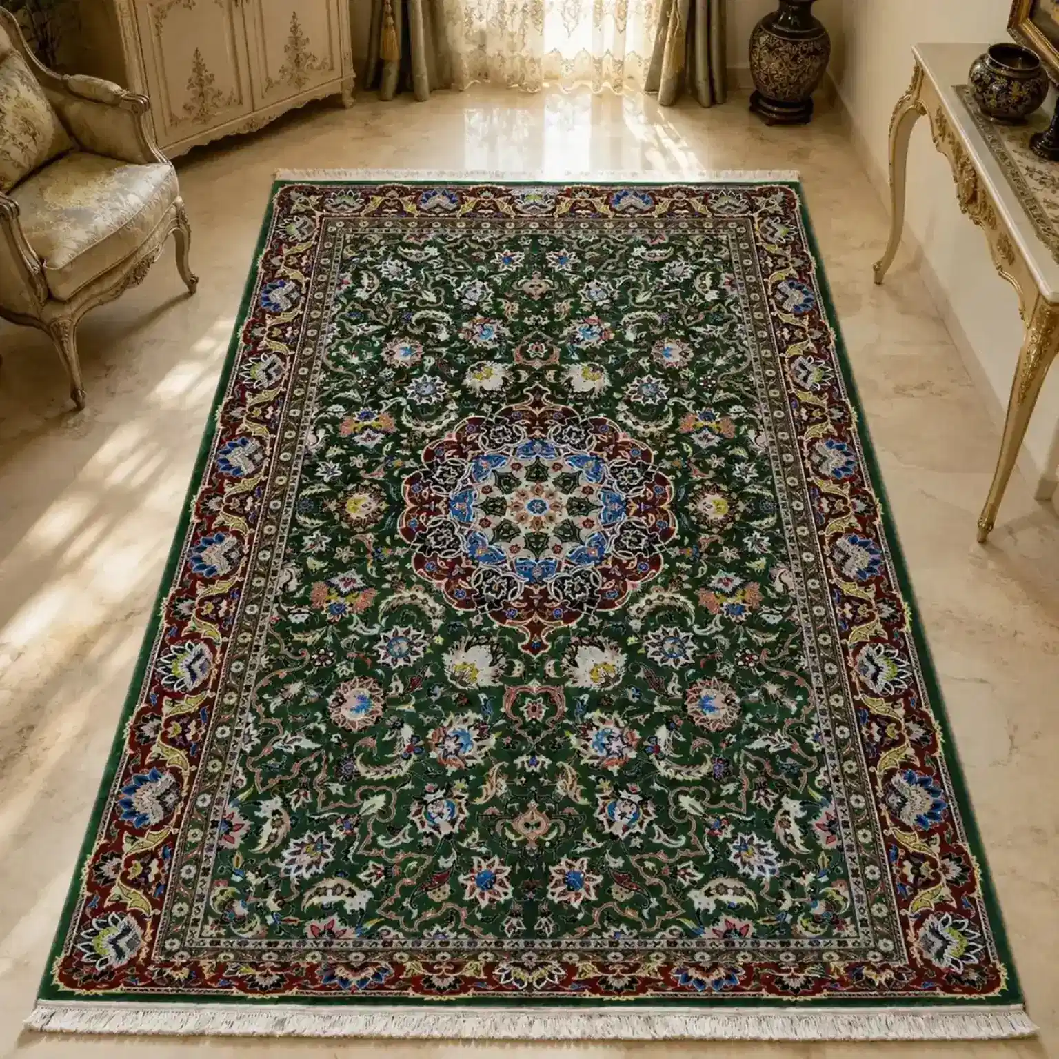 Tapis de Kashan Sabz Baharestan à champ vert et médaillon floral, vue complète