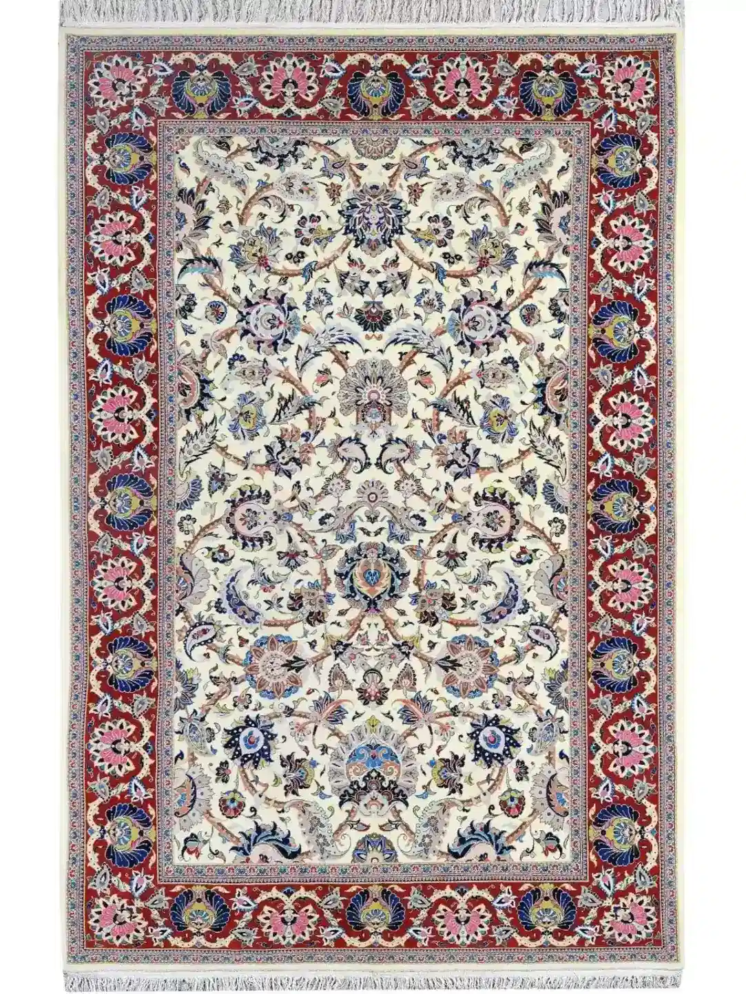 Vue complète du tapis de Kashan noué main Shah Abbasi ivoire avec bordure florale rouge