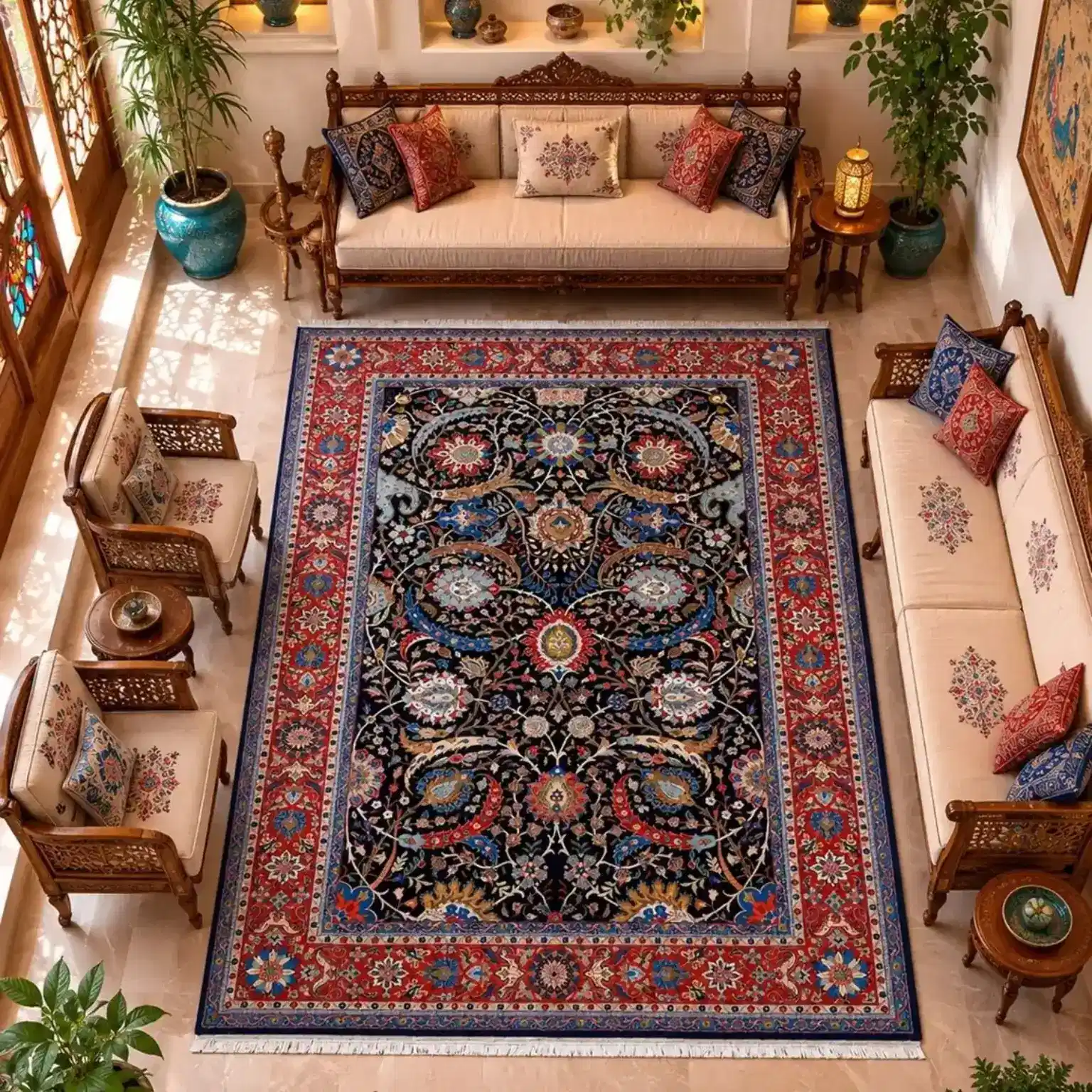 Vue complète du tapis de Kashan Shah Abbasi Islimi noué main, champ bleu nuit et bordure florale rouge