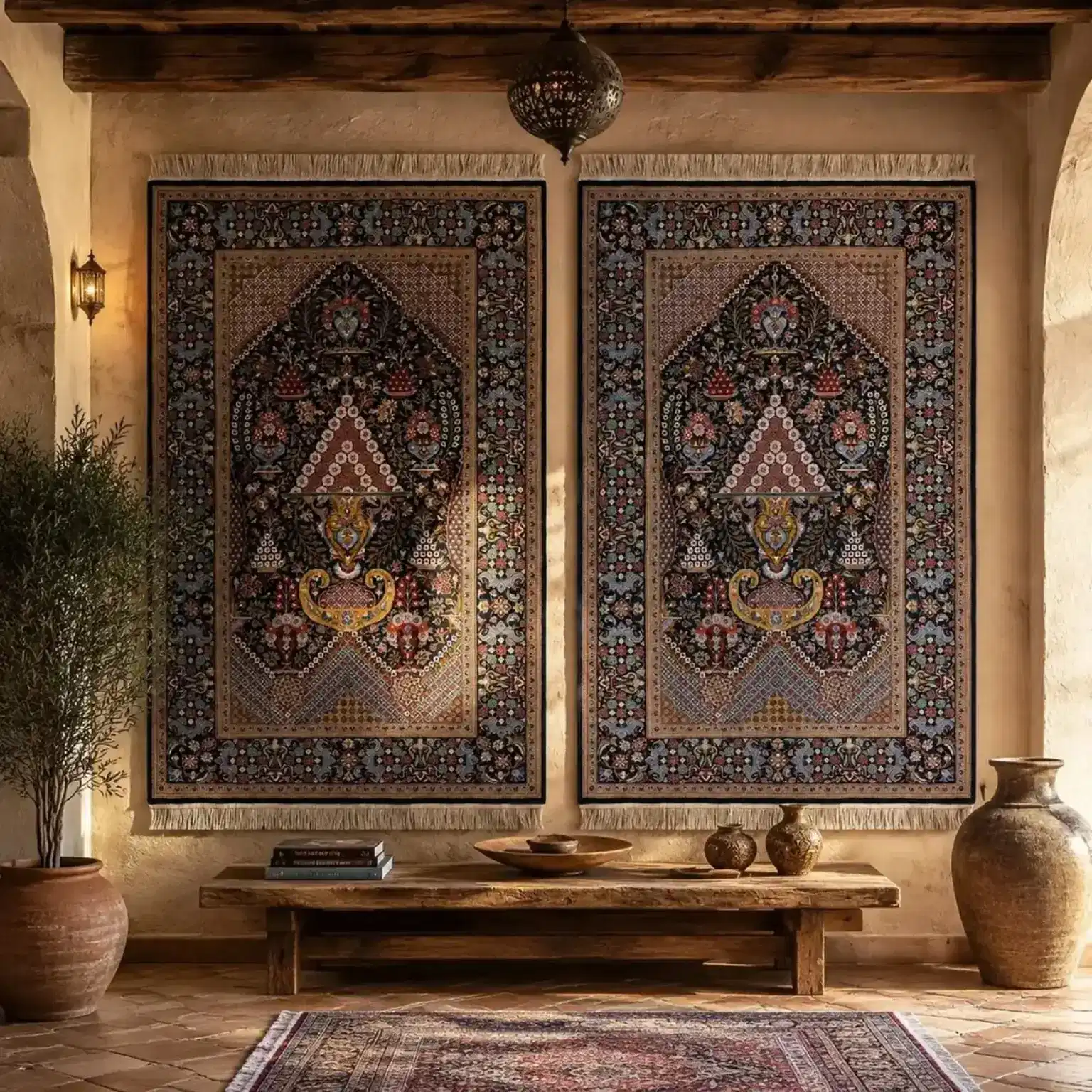 Vue complète du tapis de Kashan Jardin royal de l’Arbre de Vie avec fond bleu nuit, vases fleuris, oiseaux et bordure végétale