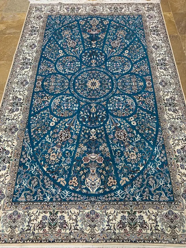فرش ایرانی پشم و ابریشم نائین — باغ گلدانی, PRR-NN-017