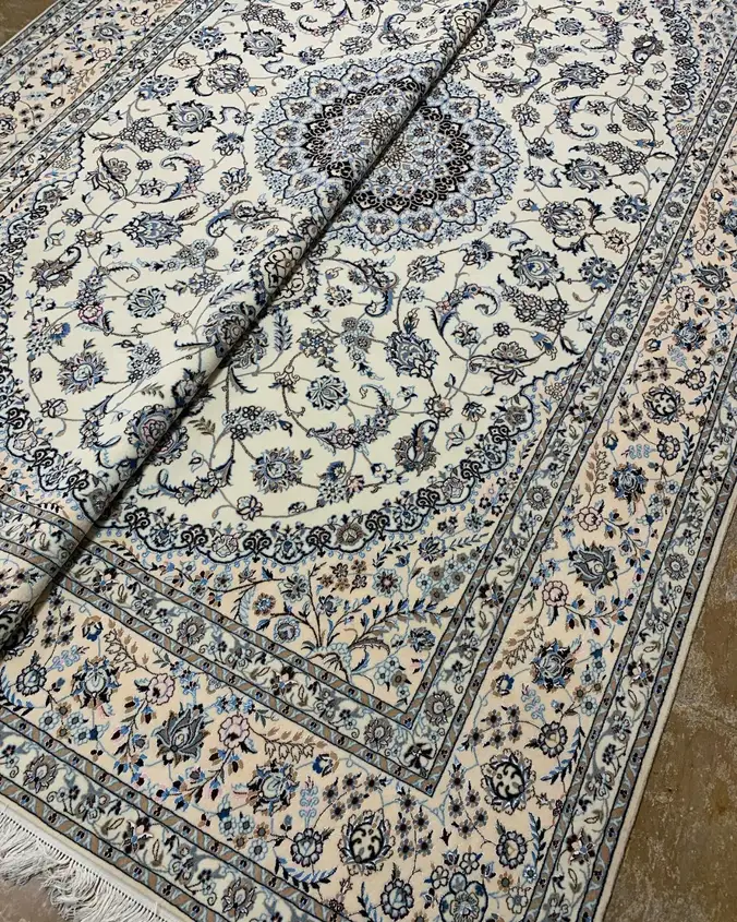 Naein Persian Handmade Carpet Pair — Ivory Blue Rosette Floral Medallion — 200 × 300 × 2 cm — image 2
