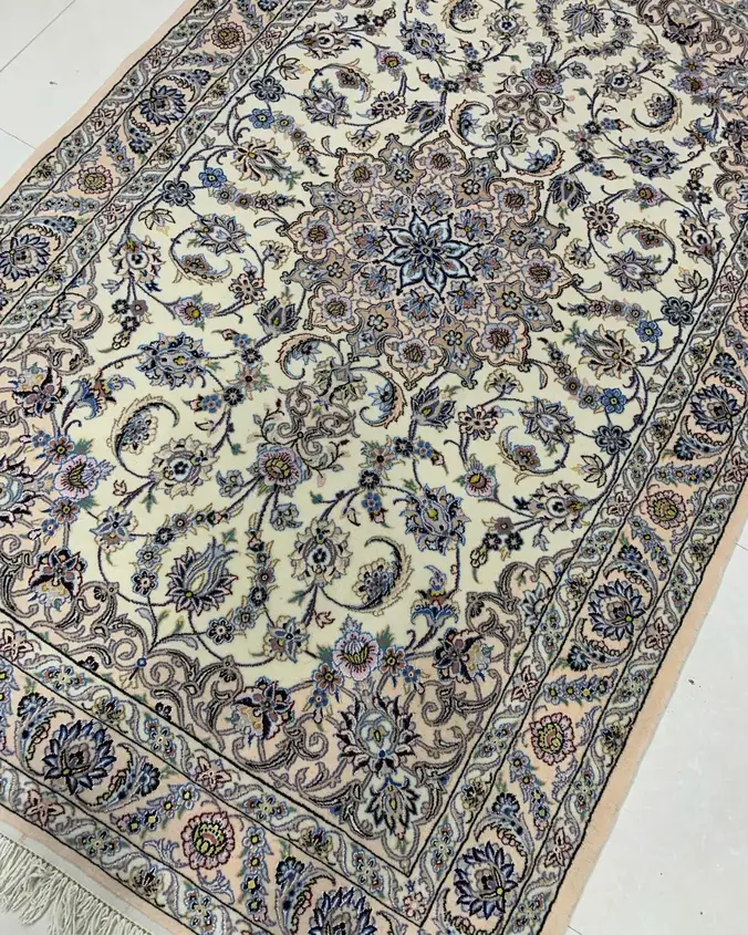 Naein Persian Handmade Carpet — Ivory Scrollwork Floral Medallion — 130 × 200 cm — image 2