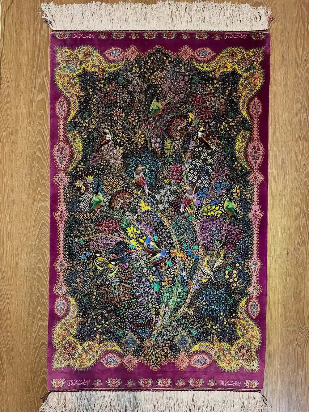 Qom Persian Handmade Silk Carpet — Paradise Birds — 100 × 150 cm — PRR-PS-001 — 1