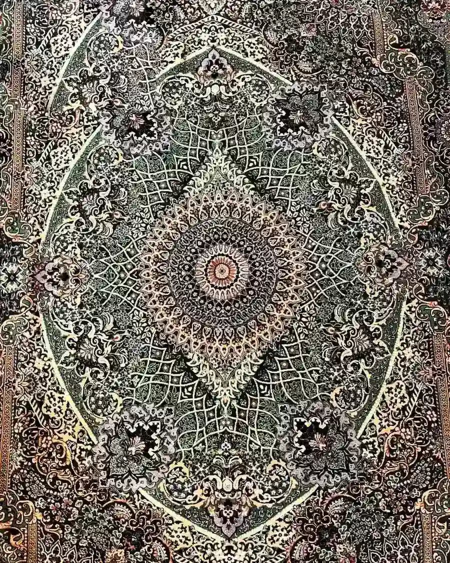 Emerald Celestial Medallion handmade Qom pure silk carpet featuring a Shamsa medallion with lattice arabesque design — additional image 1
