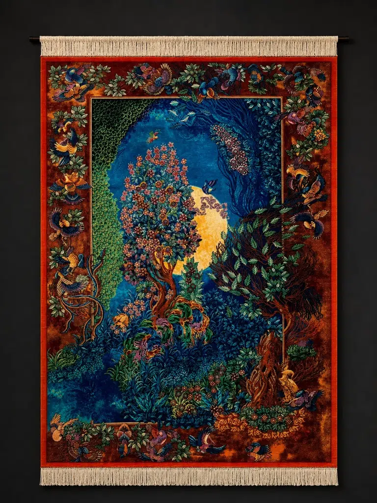 Ghom Persian Silk Rug — Moonlit Aviary — 100 × 150 cm — PRR-PS-012 — 2