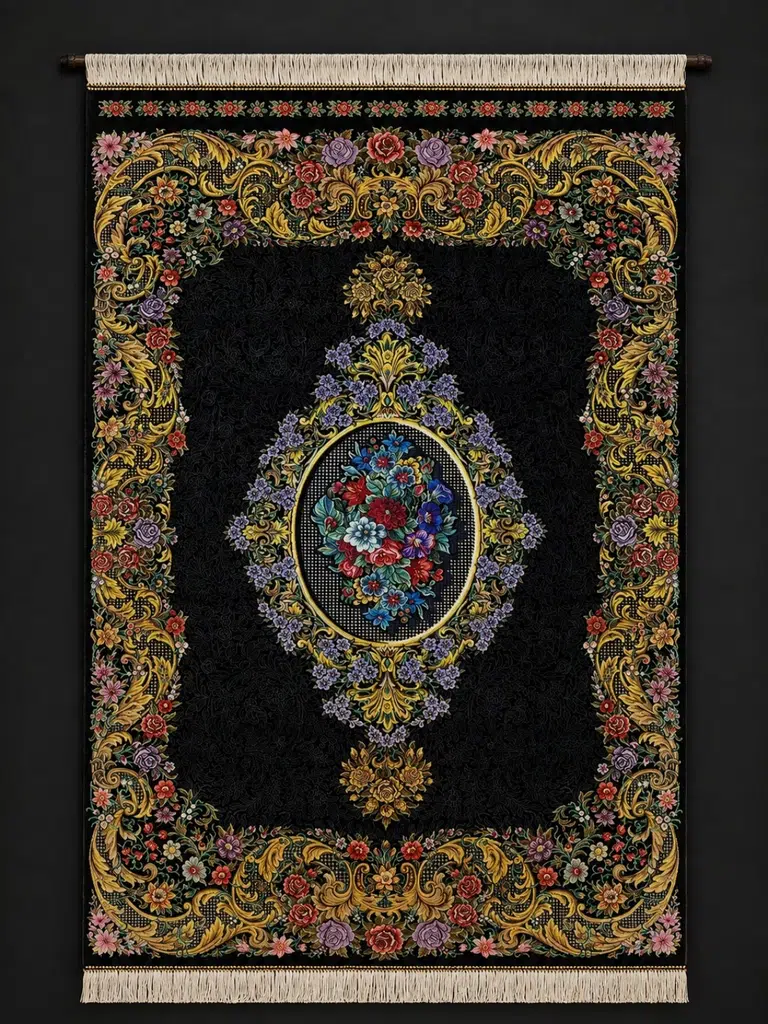 Ghom Hand-Knotted Persian Silk Rugs — Bouquet Medallion — 100 × 150 cm — PRR-PS-014 — 2