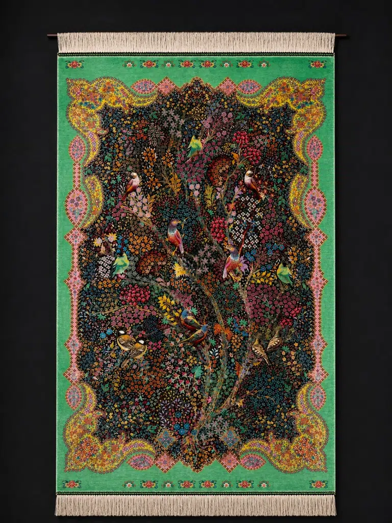 Qom Persian Handmade Silk Carpet — Blossom Aviary — 80 × 120 cm — PRR-PS-015 — 2