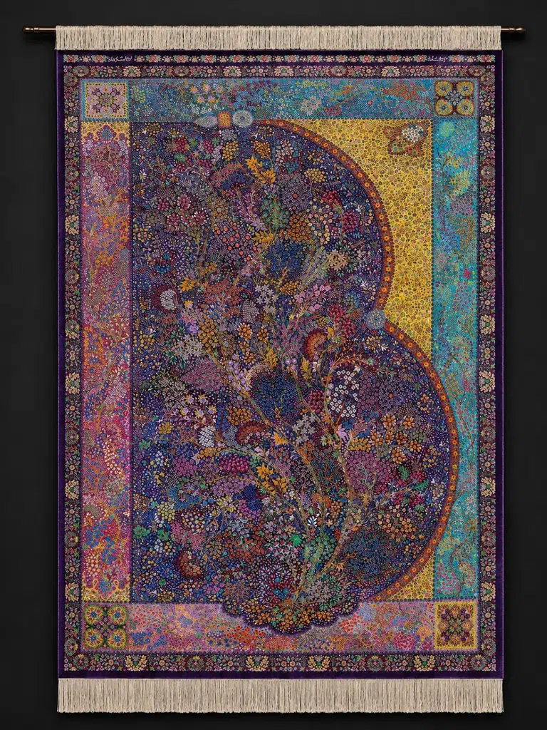 Midnight Paisley Garden handmade Qom pure silk carpet with a monumental Boteh Jegheh filled with flowers and a colourful patchwork border