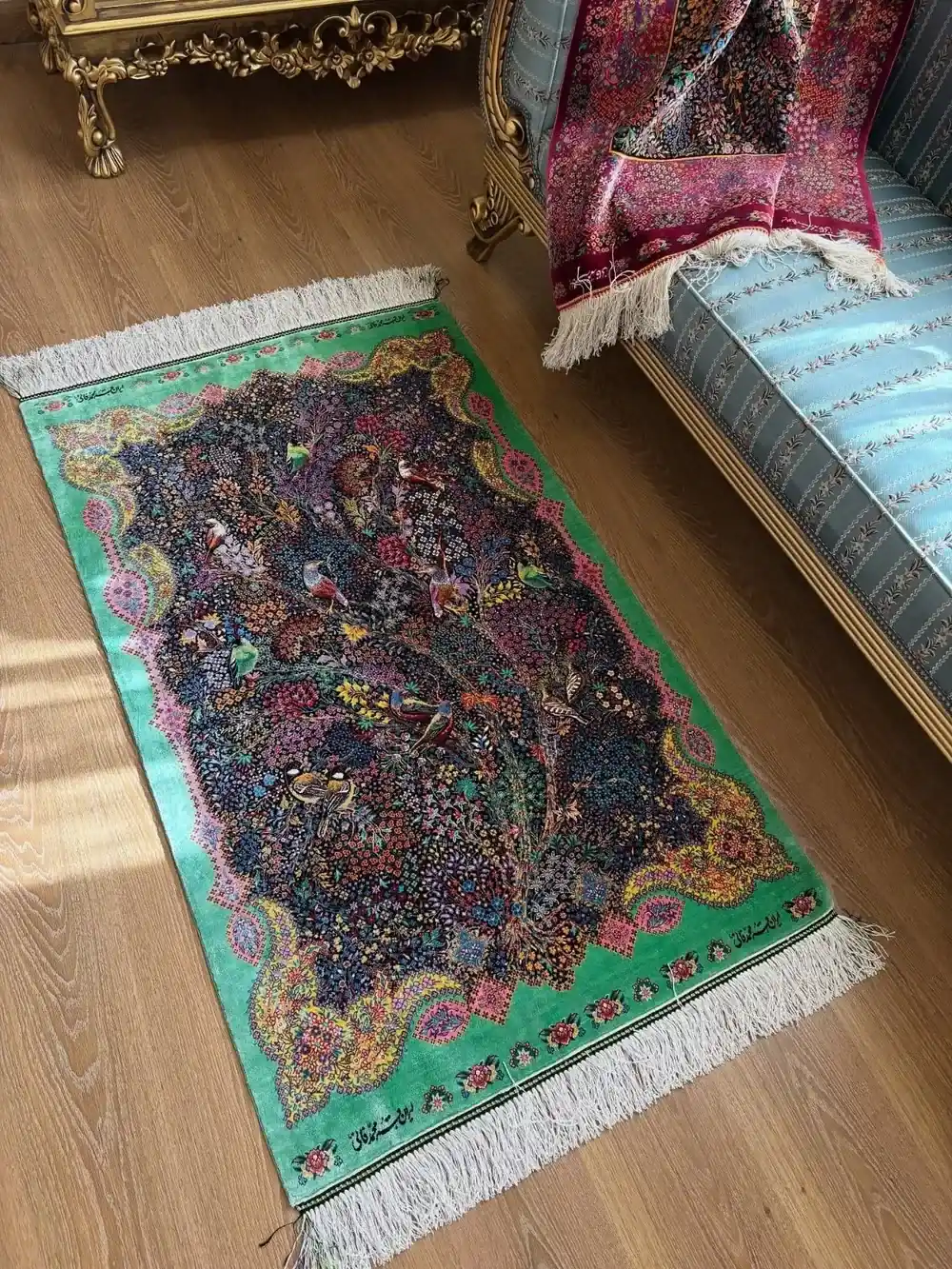 Qom Handmade Persian Silk Carpets — Mint Aviary — 80 × 120 cm — PRR-PS-027 — 1