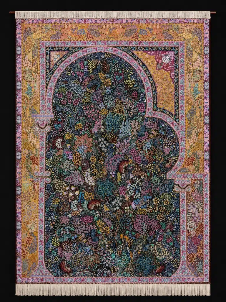 Golden Aviary Portal handmade Qom pure silk carpet with songbirds, Tree of Life and colourful Mehrabi patchwork border