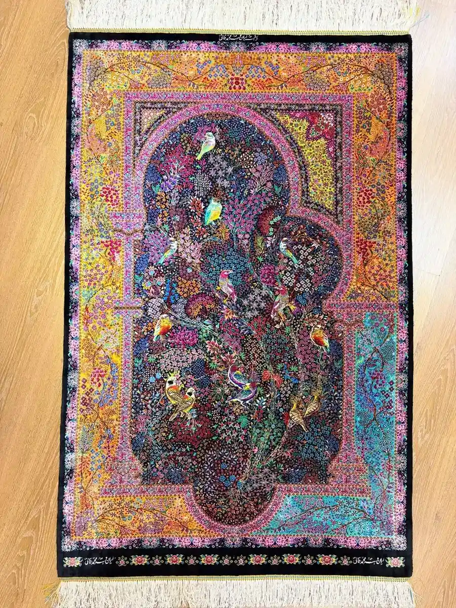 Qom Persian Handmade Silk Carpet — Aviary Portal — 100 × 150 cm — PRR-PS-029 — 1