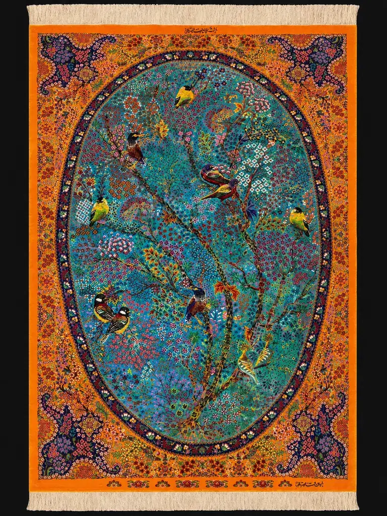 Turquoise Aviary of Dawn handmade Qom pure silk carpet with songbirds, flowering branches and an oval turquoise garden field