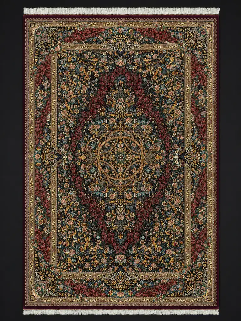Crimson Jewel Medallion handmade Qom pure silk carpet with floral medallion and gold arabesques