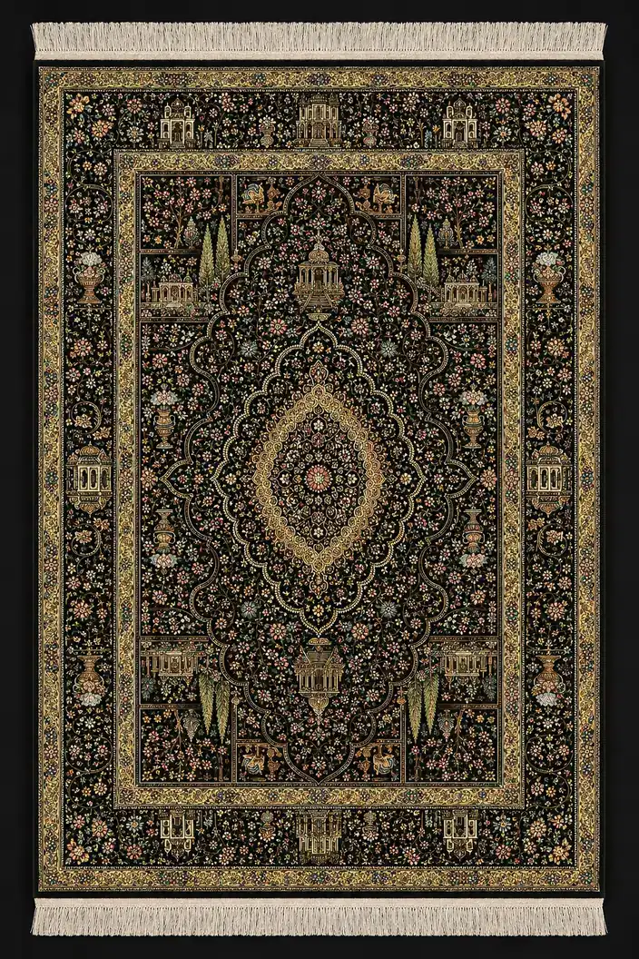 Obsidian Palace Garden handmade Qom pure silk carpet with architectural garden panels
