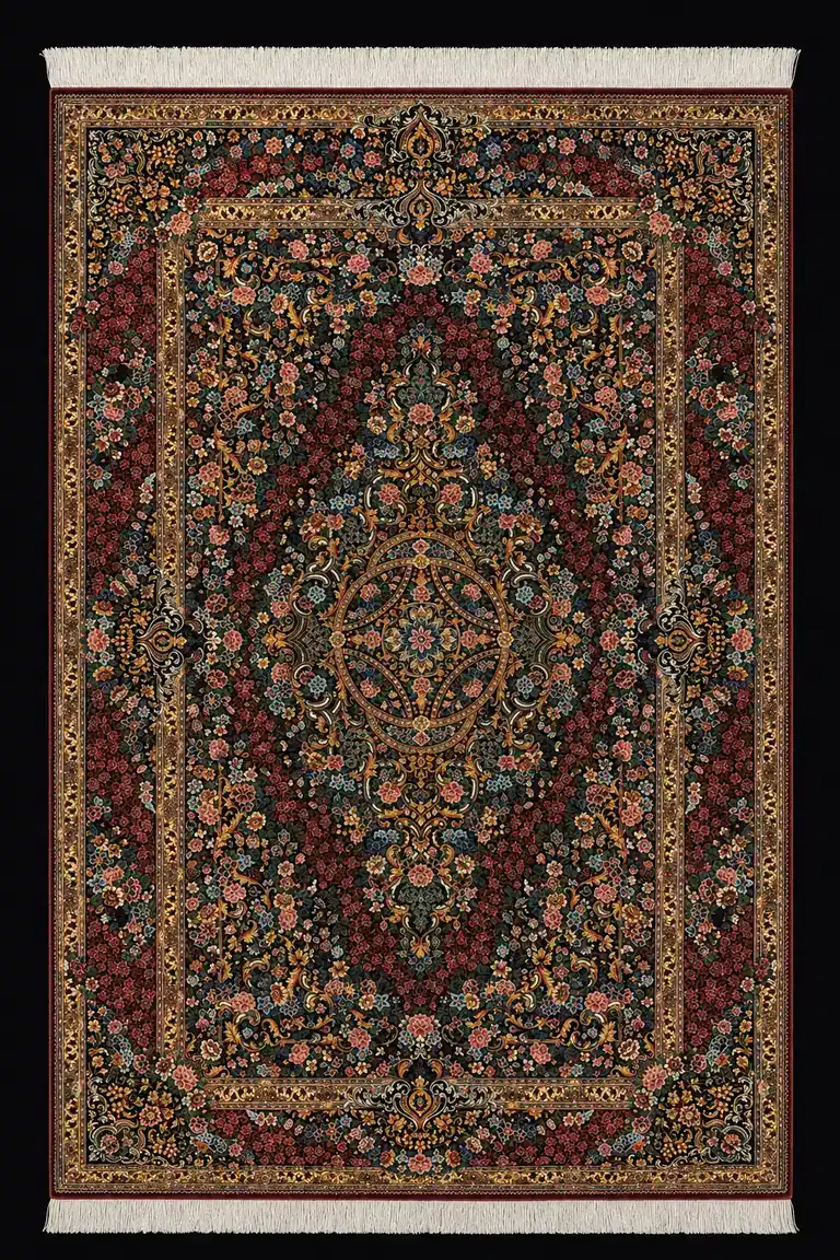 Garnet Jewel Medallion handmade Qom pure silk carpet with floral medallion and arabesques
