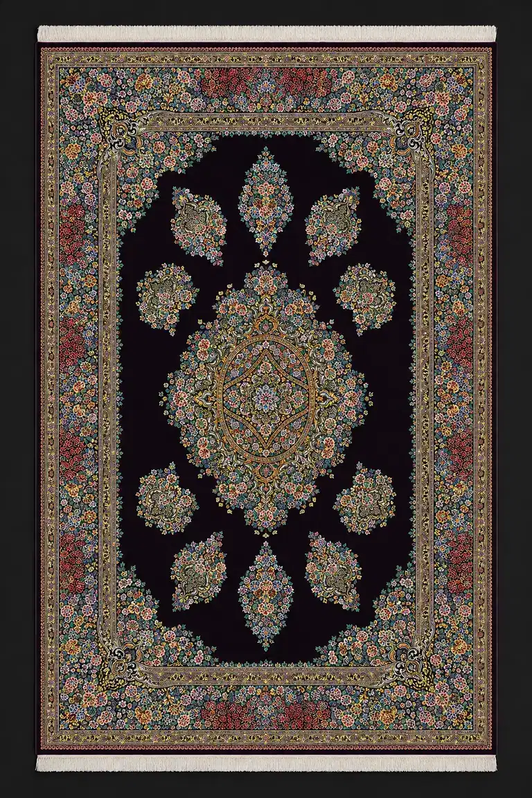 Aubergine Imperial Rosette handmade Qom pure silk carpet with ornate medallion and floral arabesques