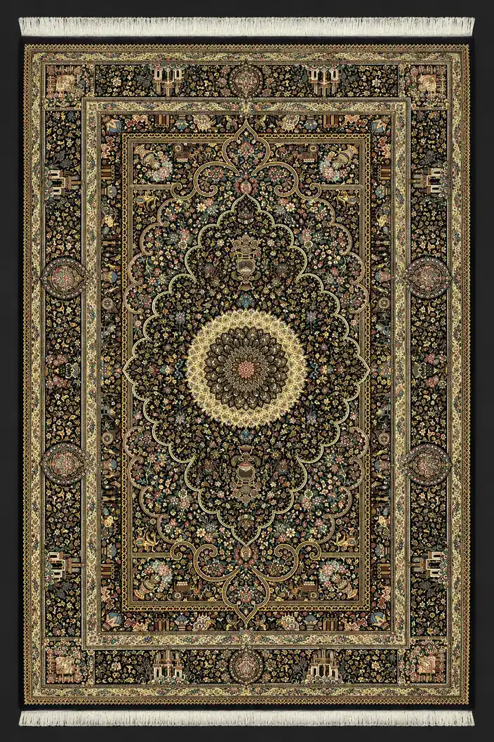 Midnight Palace Rosette handmade Qom pure silk carpet featuring a monumental scalloped palace medallion, architectural garden panels and finely layered floral borders