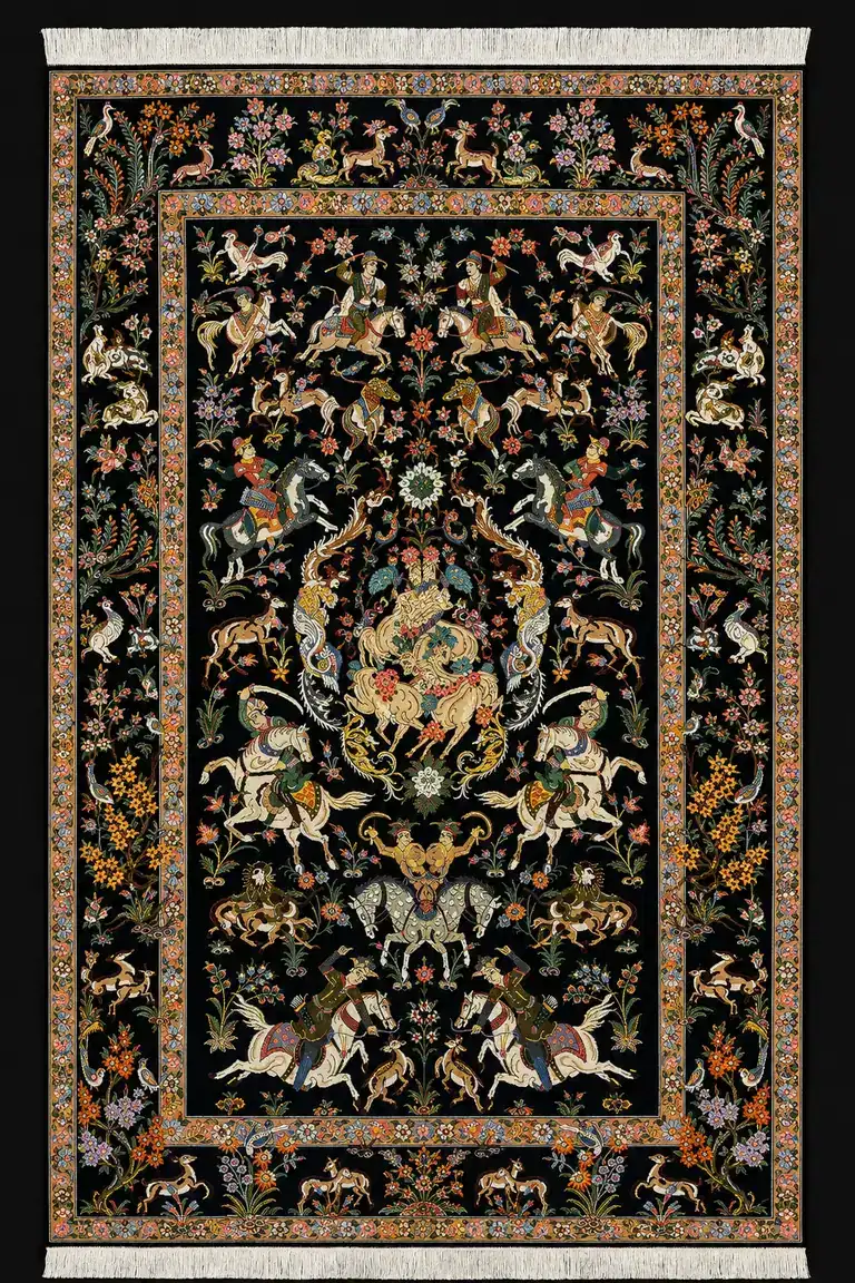 Midnight Imperial Hunt handmade Qom pure silk carpet featuring a vivid royal hunting narrative with mounted riders, wild animals and flowering garden borders