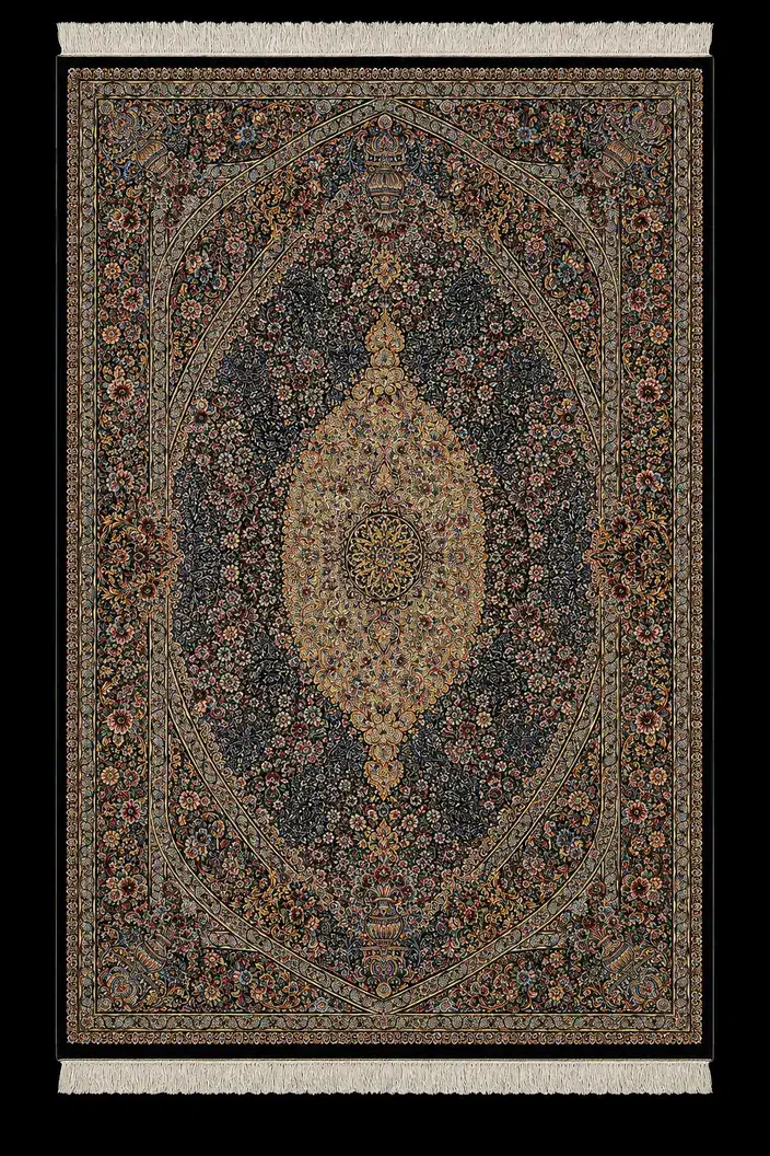 Imperial Floral Colonnade handmade Qom pure silk carpet featuring rhythmic vertical floral panels filled with roses, palmettes and flowing arabesques in jewel-toned silk