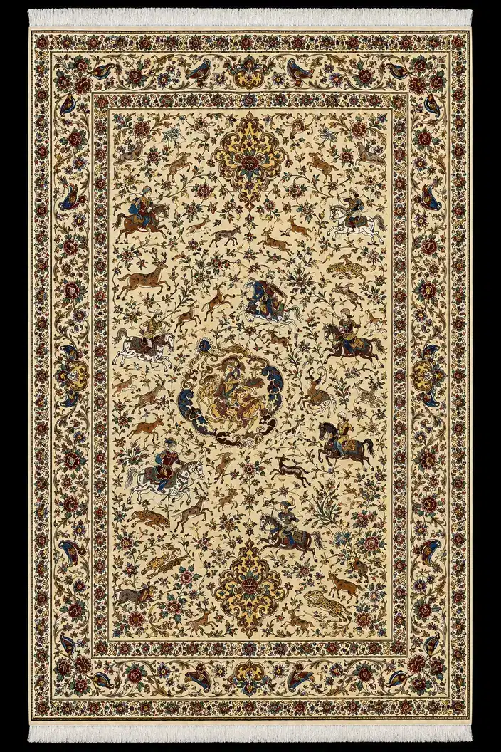 Ivory Courtly Hunt handmade Qom pure silk carpet featuring a refined courtly hunt with horsemen, wild animals and flowering vines unfolding across a luminous ivory field