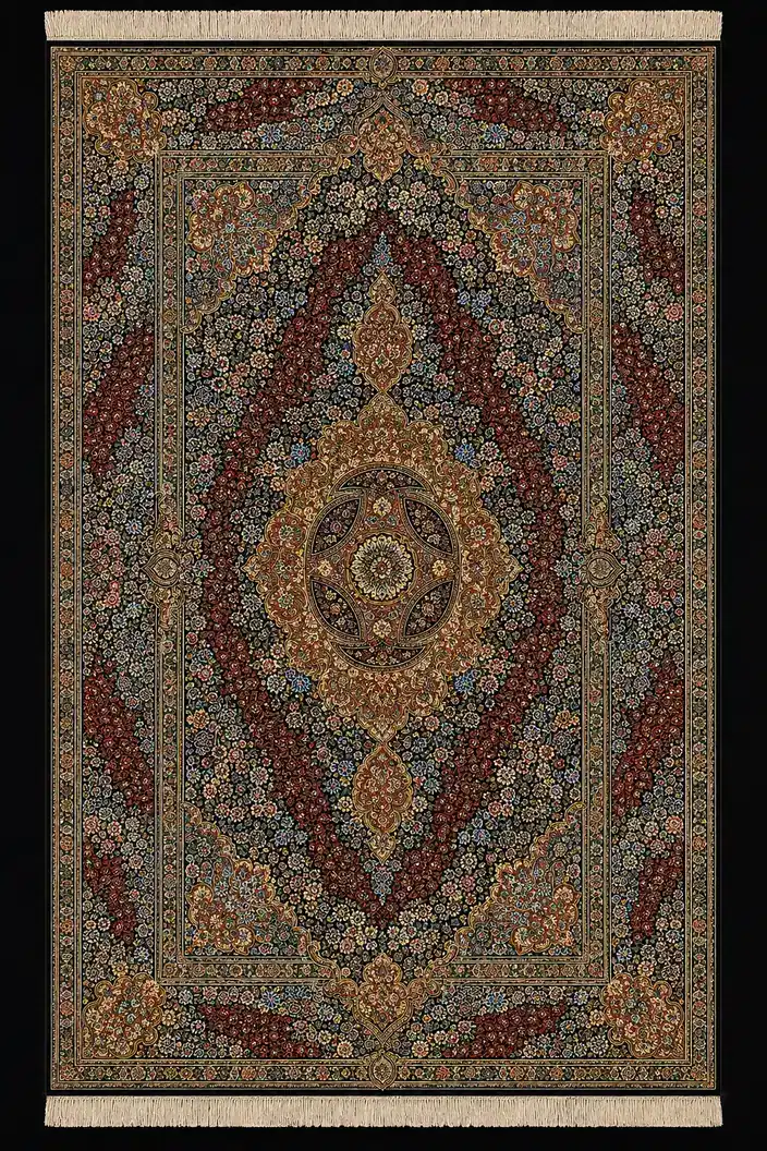 Garnet Imperial Rosette handmade Qom pure silk carpet featuring a stately central rosette framed by garnet floral fields, layered cartouches and finely drawn arabesques