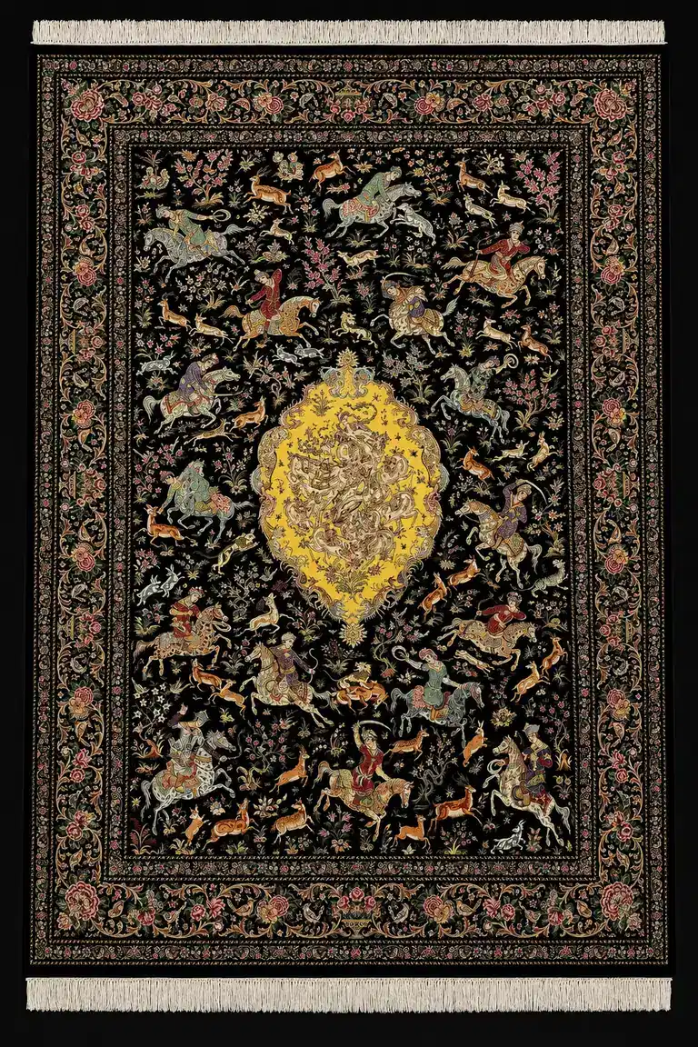 Golden Imperial Hunt handmade Qom pure silk carpet featuring a monumental royal hunting scene centred on a golden medallion, with riders, animals and flowering borders