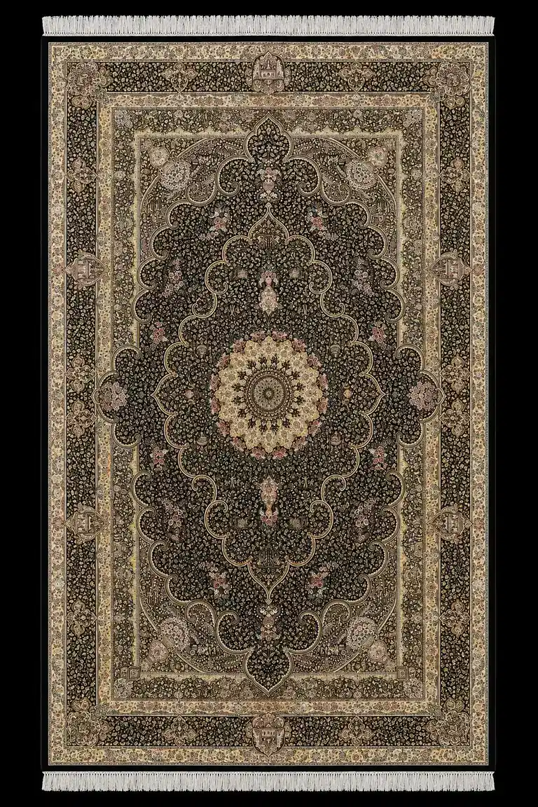 Grand Obsidian Palace Medallion handmade Qom pure silk carpet featuring a monumental scalloped medallion filled with intricate garden and architectural motifs