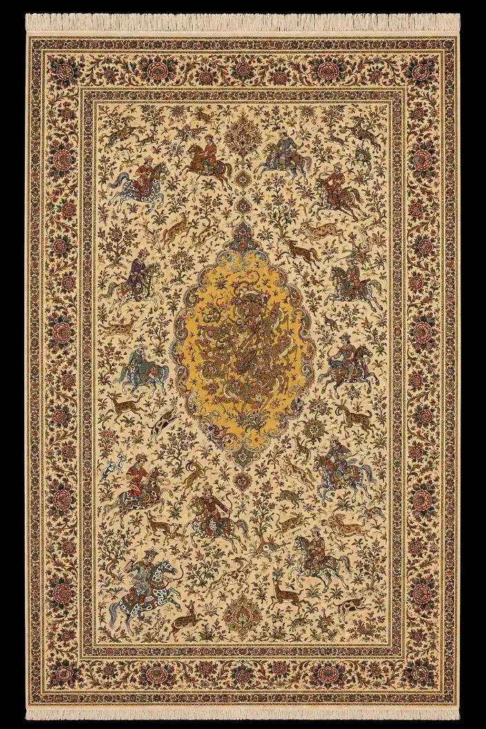 Ivory Imperial Hunt handmade Qom pure silk carpet featuring an expansive royal hunting narrative arranged around a radiant golden medallion